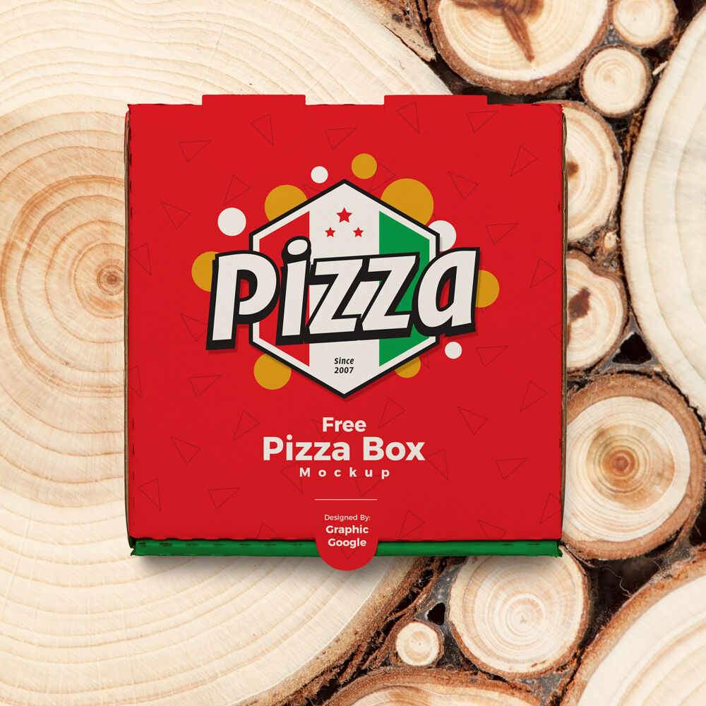 Cardboard Pizza Box on Wooden Circle Tree Trunks Mockup