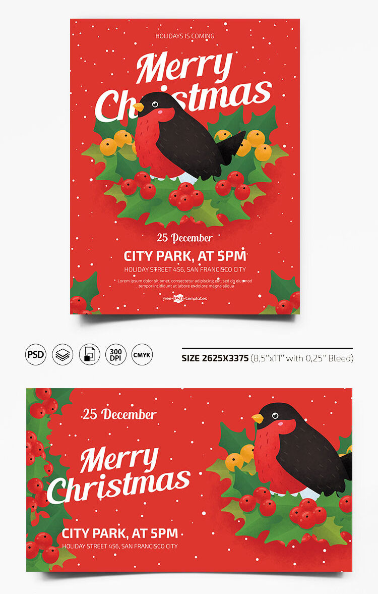Cartoon Merry Christmas Party Invitation Flyer Template FREE PSD