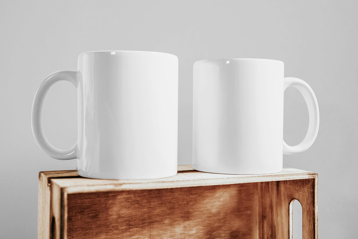 Free Ceramic Mug on Wooden Box Mockups PSD Template