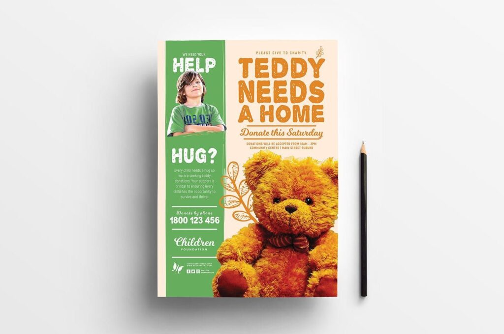 Children’s Charity Poster and DL Cards Templates Featuring a Teddy Bear