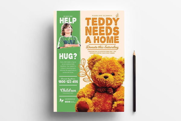 Children’s Charity Poster and DL Cards Templates Featuring a Teddy Bear