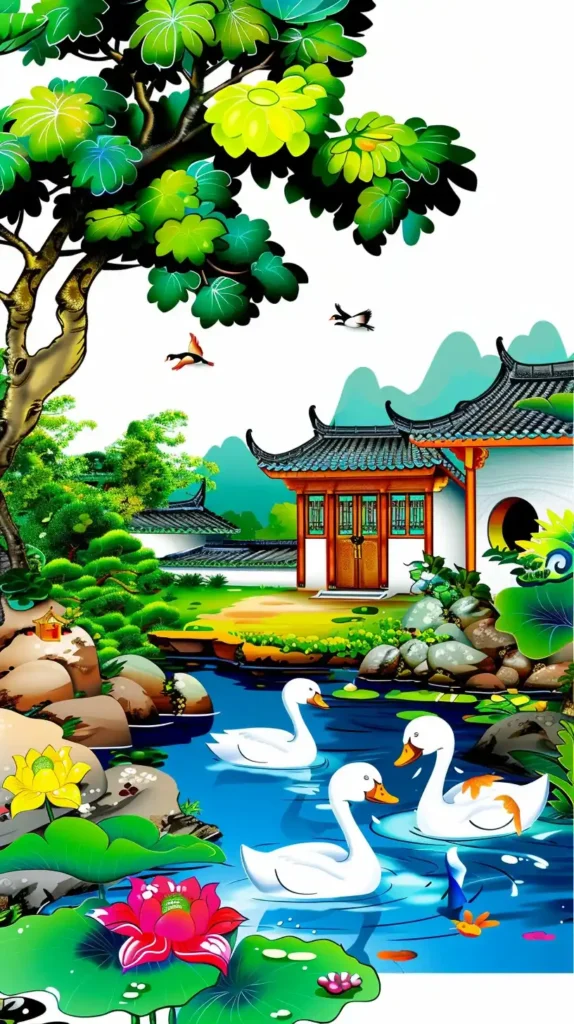 Chinese Geese in Courtyard
