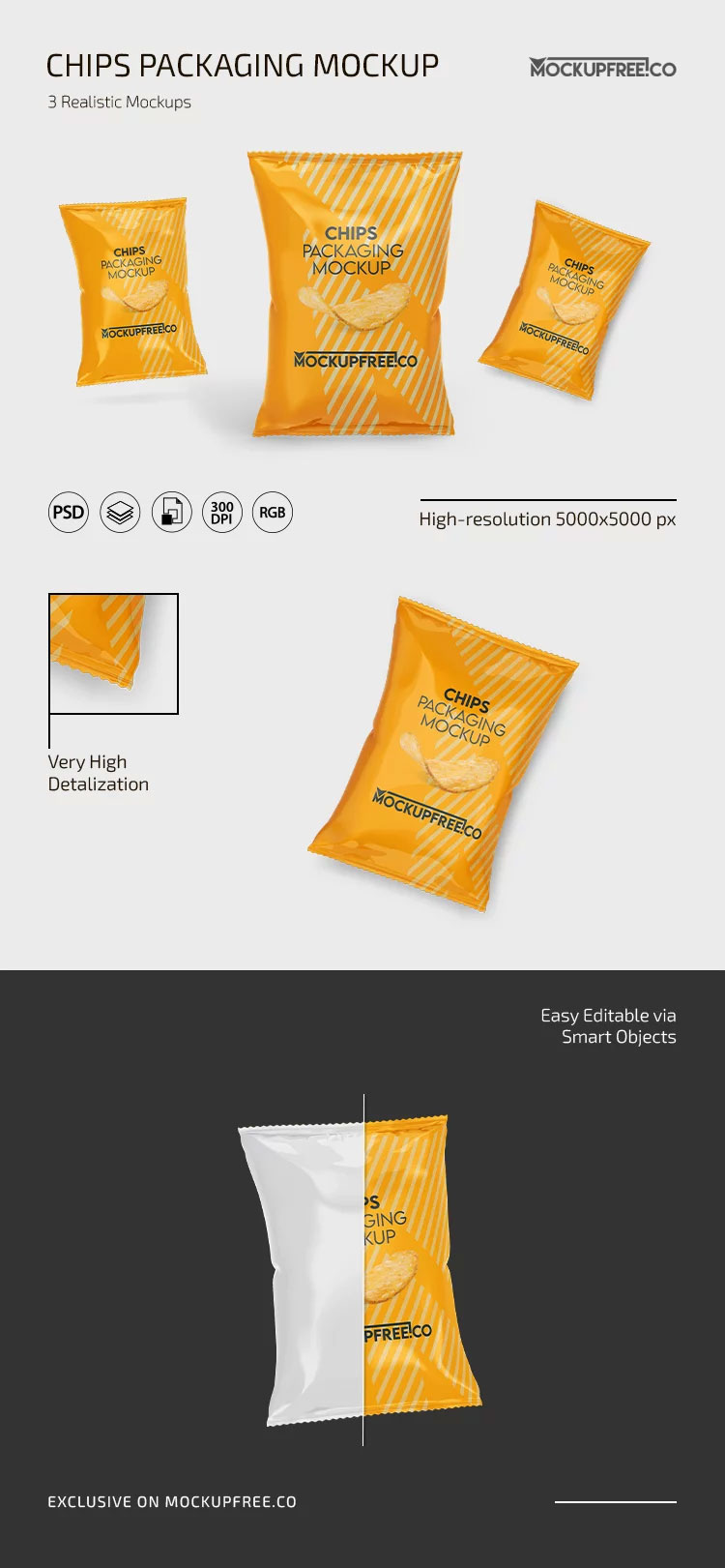 Free Chips Packaging Mockup in 3 Sights PSD Template