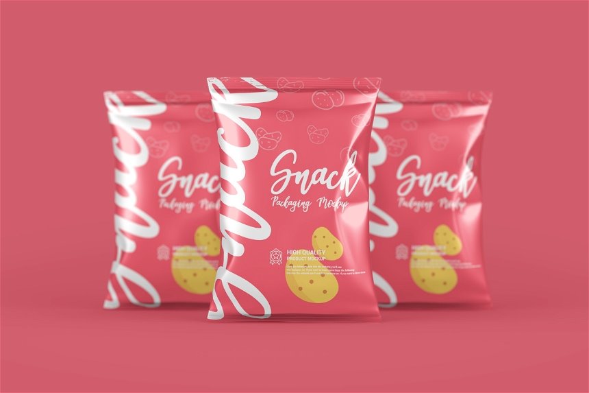 Chips Snacks Foil Pack Mockup in 3 Visions