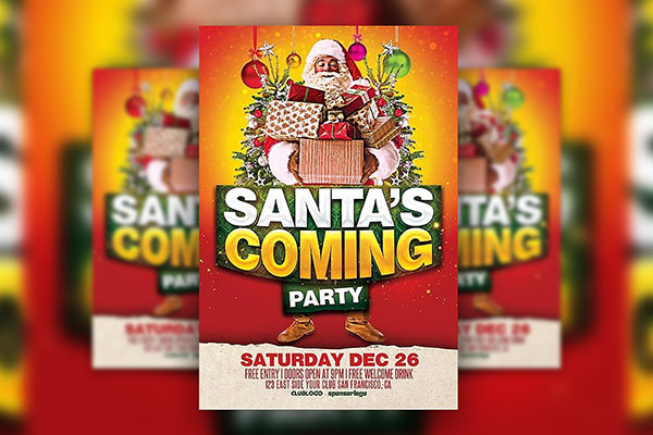 Christmas Party Flyer Template Featuring Santa Holding Gifts