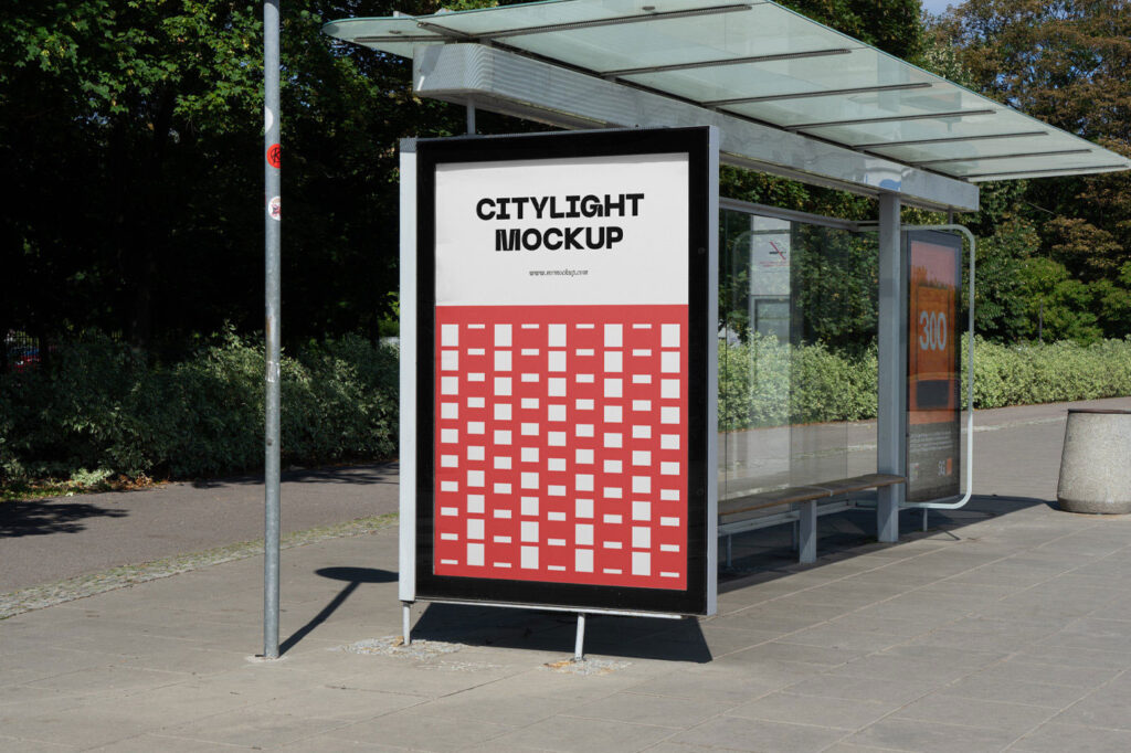 Citylight Mockup on Bus Stop in Perspective Sight