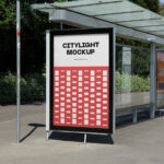 Citylight Mockup on Bus Stop in Perspective Sight