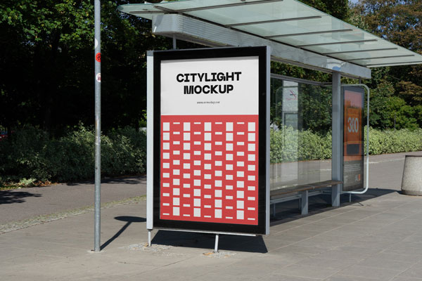 Citylight Mockup on Bus Stop in Perspective Sight