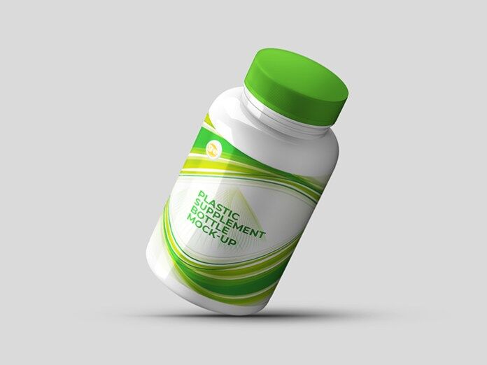 Close-up Shot Floating Plastic Supplement Bottle Mockup