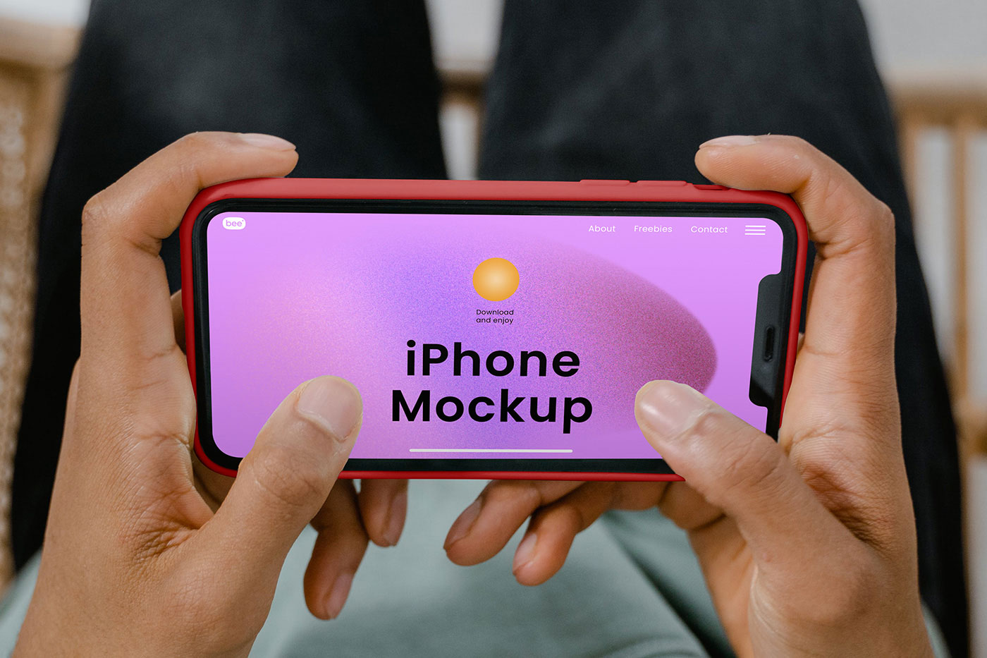 Free Close-up Sight of Horizontal iPhone Screen Mockup PSD Template