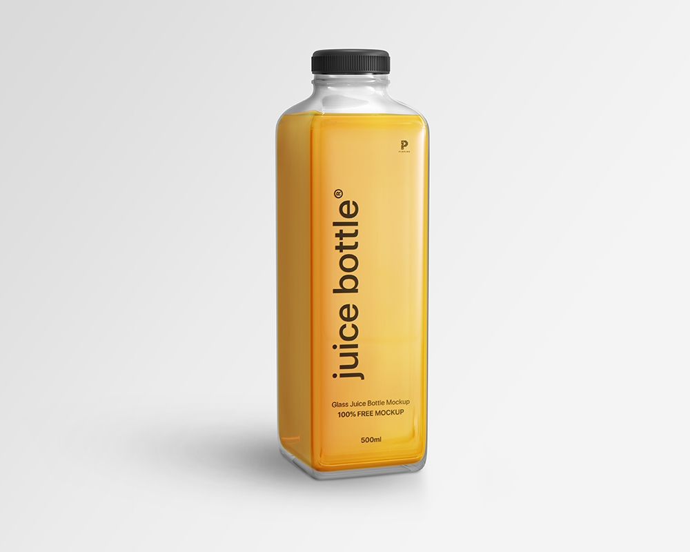Close-up View of Square Glass Juice Bottle Mockup