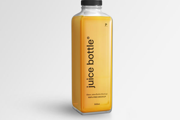 Close-up View of Square Glass Juice Bottle Mockup