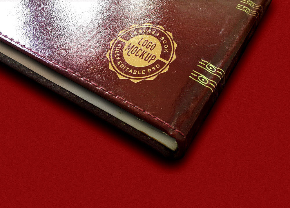 Close-Up Vintage Leather Book Logo Mockup