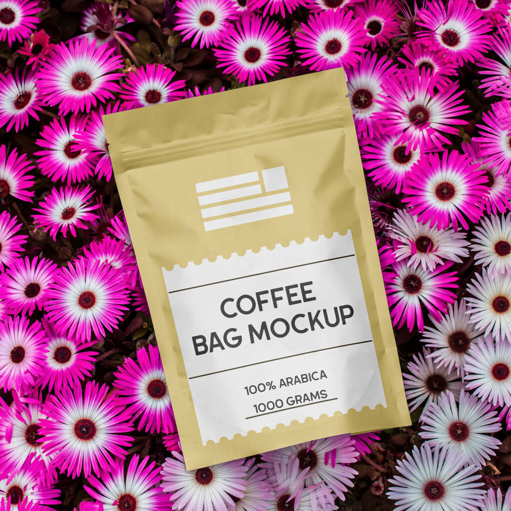 Coffee Bag on Flowers Mockup