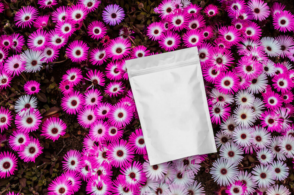 Coffee Bag on Flowers Mockup