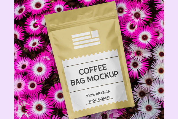 Coffee Bag on Flowers Mockup