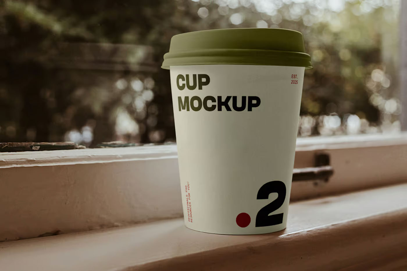 Free Coffee Cup on Window Ledge Mockup PSD Template