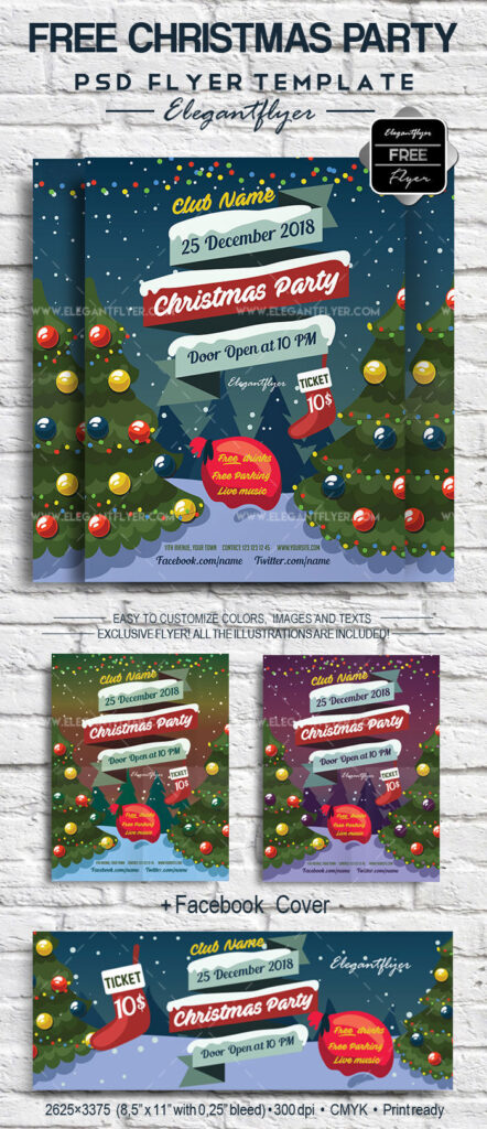 Colorful Illustrated Christmas Party Flyer Template and Facebook Cover