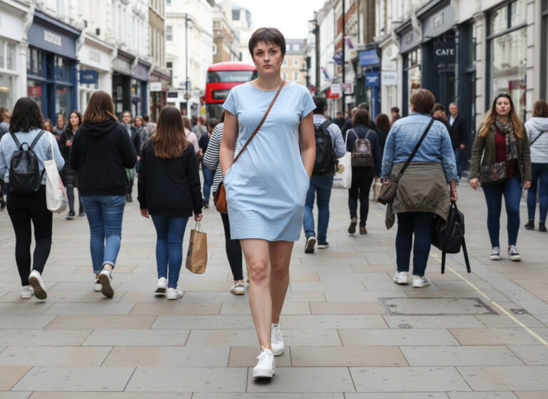 Tall young woman walking down the high street, detai…
