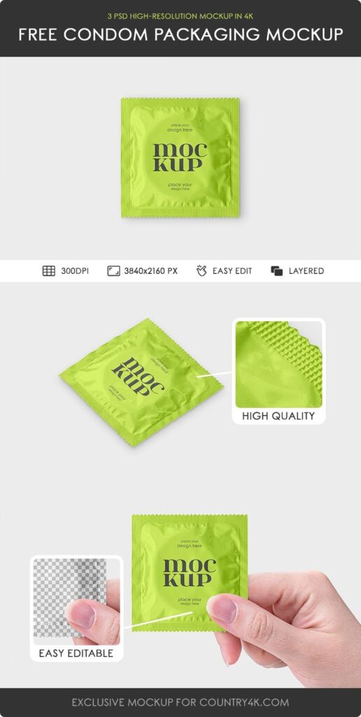 Condom Packaging Mockup in 3 Different Sights