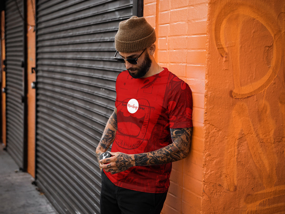 Cool Guy Wearing a Short Sleeve T-Shirt Mockup FREE PSD