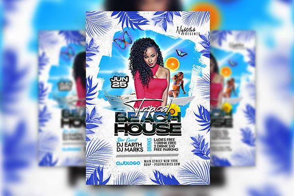 Cool Tropical Beach House DJ Party Flyer Template