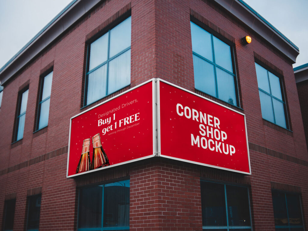 Corner Shop Façade Canopy Sign Mockup