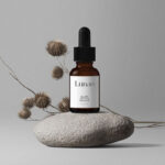 Cosmetic Bottle Mockup with Flower on Stone in Front View
