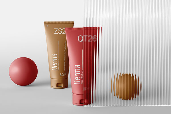 Cosmetic Packaging Mockup Featuring Two Tubes against a Glass Wall
