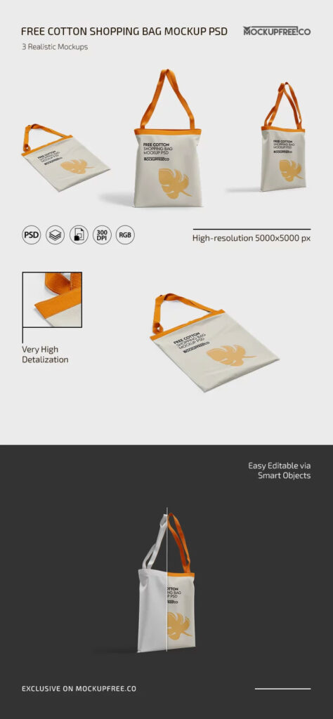 Cotton Shopping Bag Mockup in 3 Sights