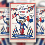 Cream, Blue, Red Illustrated 4th of July Party Flyer Template