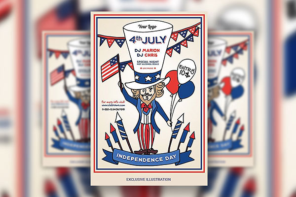 Cream, Blue, Red Illustrated 4th of July Party Flyer Template