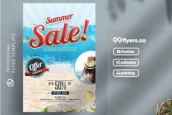 Cream, Blue Summer, Special Sale Festival Flyer Template