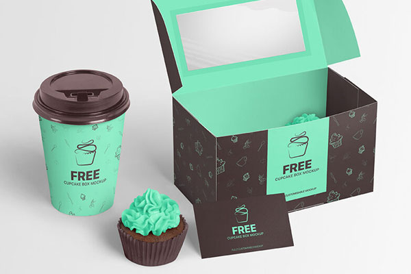 Cupcake Box, Coffee Cup and Business Card Mockup Perspective View