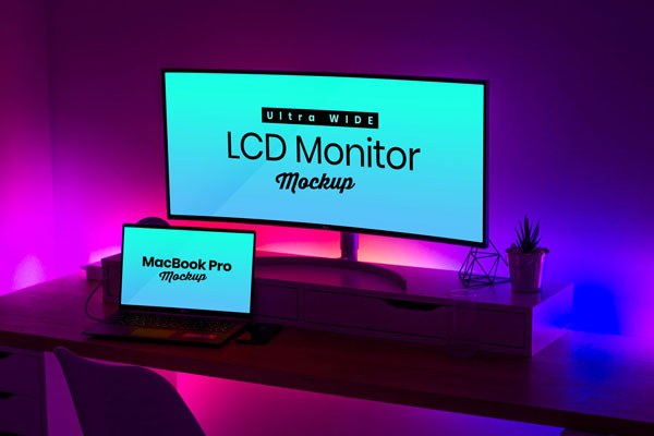 Curved Ultra Wide Screen LCD Monitor and MacBook Pro Mockup