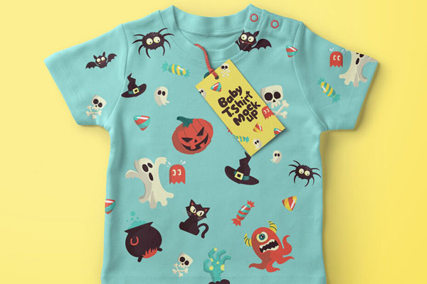 Overhead View of Baby T-Shirt with a Label Tag Mockup