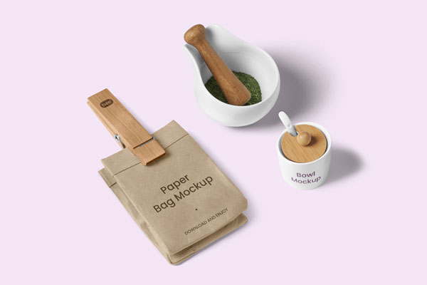 Cute Tiny Paper Bag Mockup with Bowl from Upside
