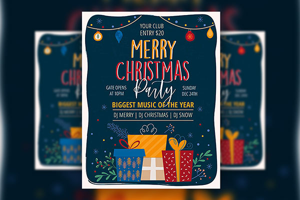 Dark Blue, Illustrated, Flat Christmas Party Flyer Template