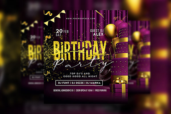 Dark Purple, Golden, Festive Birthday Party Flyer Templates