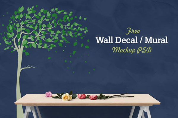 Decal Wall Sticker Mockup with Table and Flowers