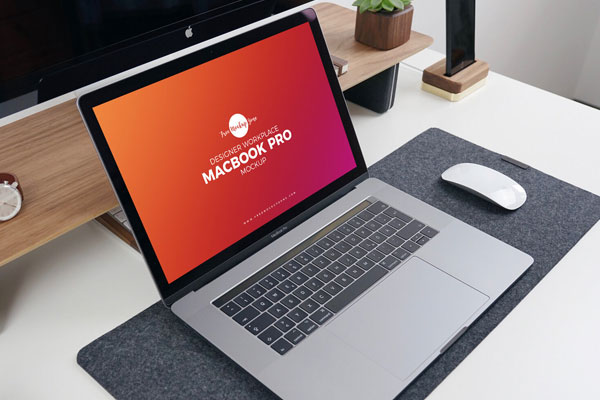 Designer Workplace MacBook Pro Mockup Featuring Lifelike Elements