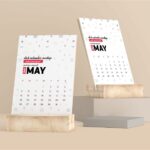 Desk Calendar Mockup with Wood Stand in 3 Views
