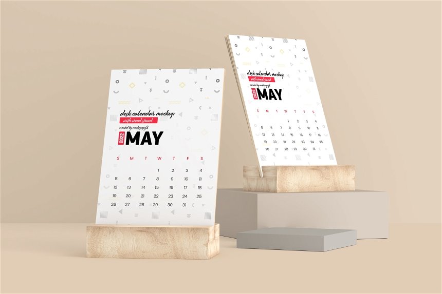 Desk Calendar Mockup with Wood Stand in 3 Views