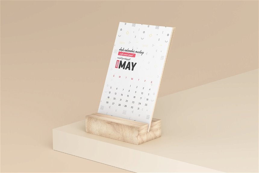 Desk Calendar Mockup with Wood Stand in 3 Views