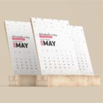 Desk Calendar Mockup with Wood Stand in 3 Views