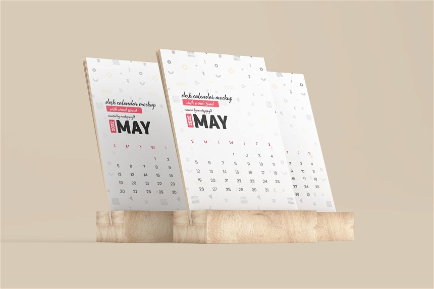 Desk Calendar Mockup with Wood Stand in 3 Views