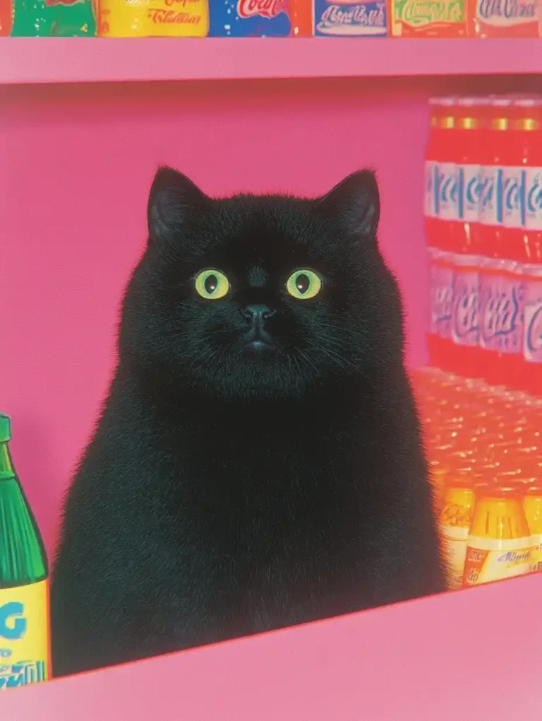 Detailed Black Kitten with Coca Cola
