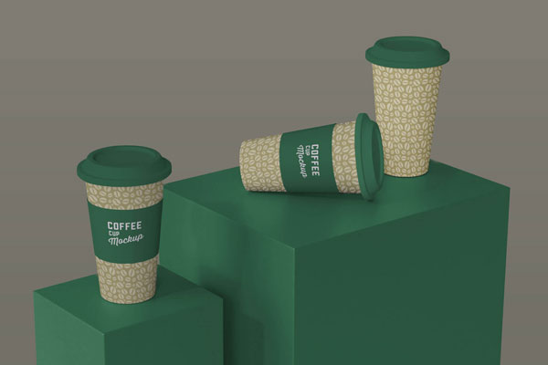 Different Positions of Three Paper Coffee Cups on Stands Mockup
