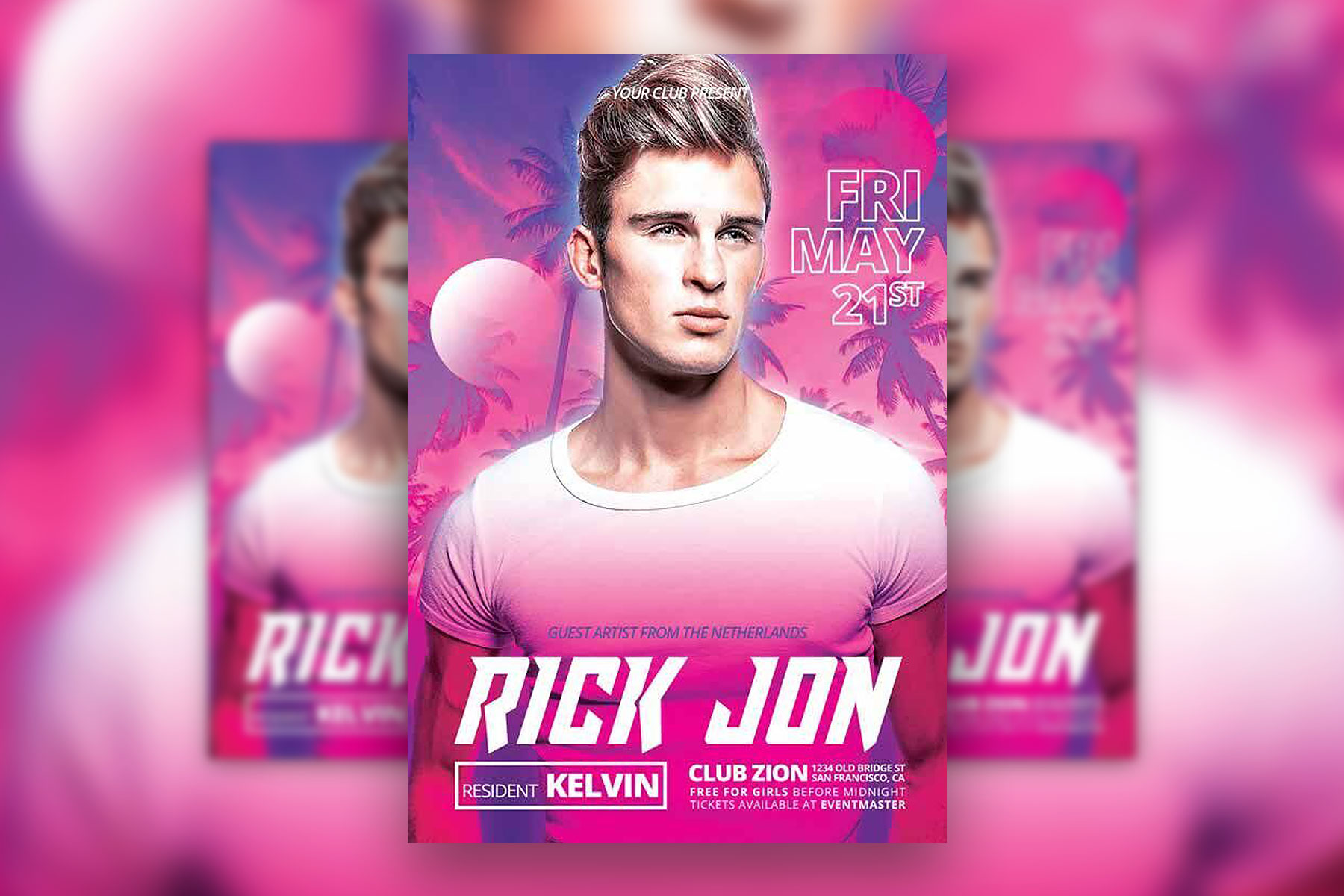 DJ Announcement Flyer Template with Pink Theme and Palm Trees FREE PSD