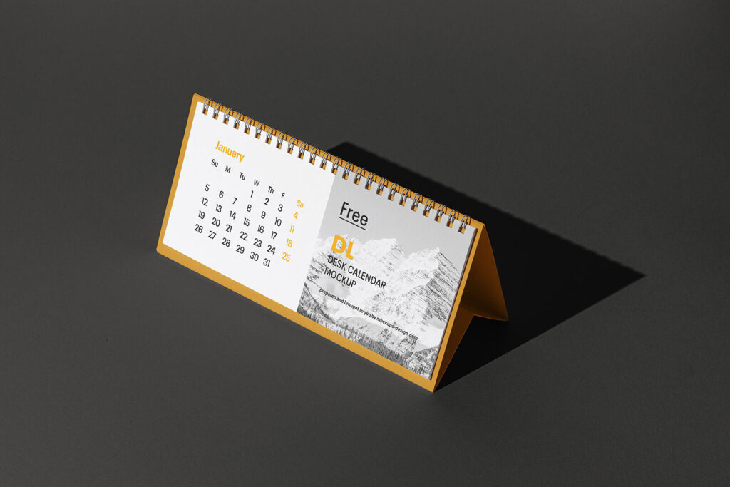 DL Desk Calendar Mockup Put at the 34 Angle View